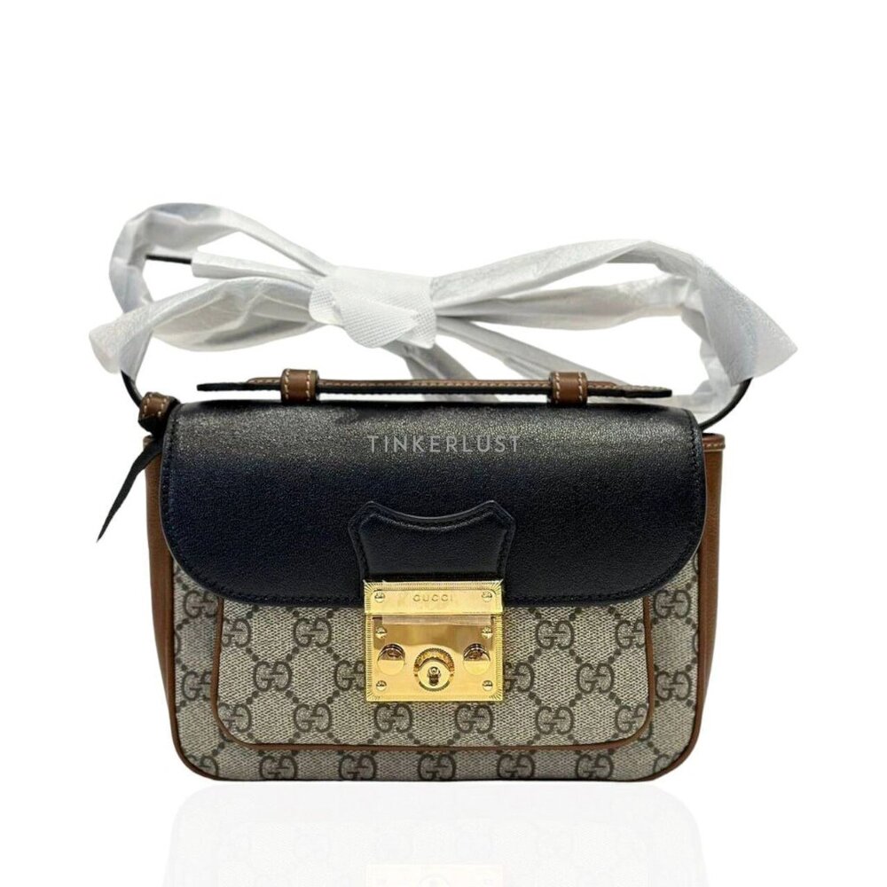 Gucci Tri Color Padlock Supreme Shoulder Bag Leather Handbag Gold Black Brown NW